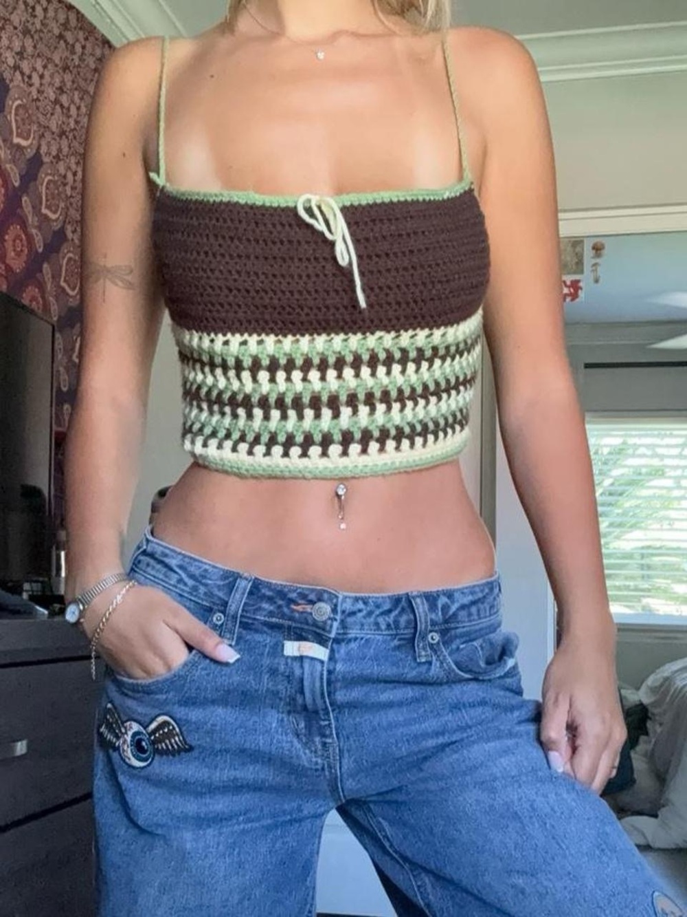 Urban Outfitters Brown and Light Green Crochet Spaghetti Strap Camisole